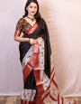 Evanescent Black Digital Printed Dola Silk Saree With Innovative Blouse Piece