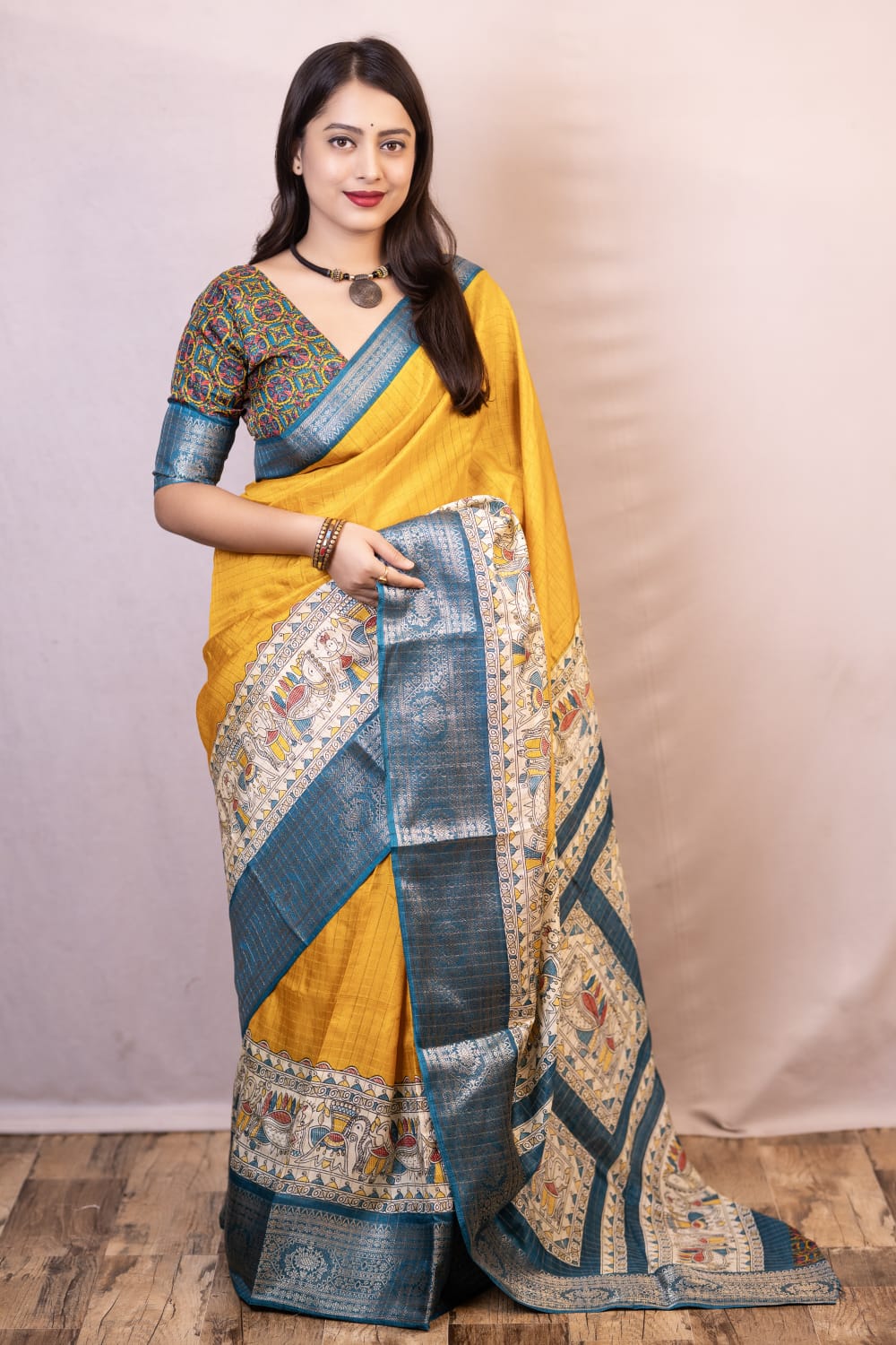 Epiphany Mustard Digital Printed Dola Silk Saree With Marvellous Blouse Piece