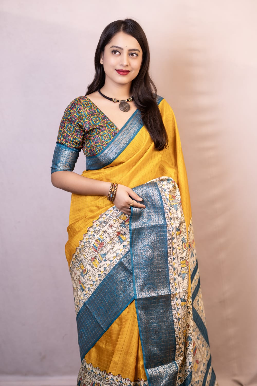 Epiphany Mustard Digital Printed Dola Silk Saree With Marvellous Blouse Piece