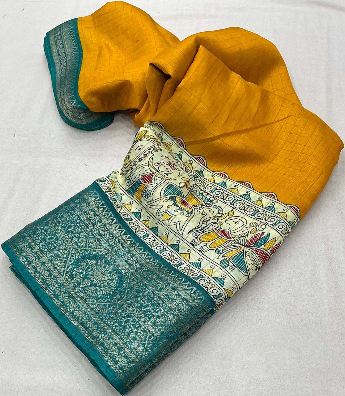 Epiphany Mustard Digital Printed Dola Silk Saree With Marvellous Blouse Piece