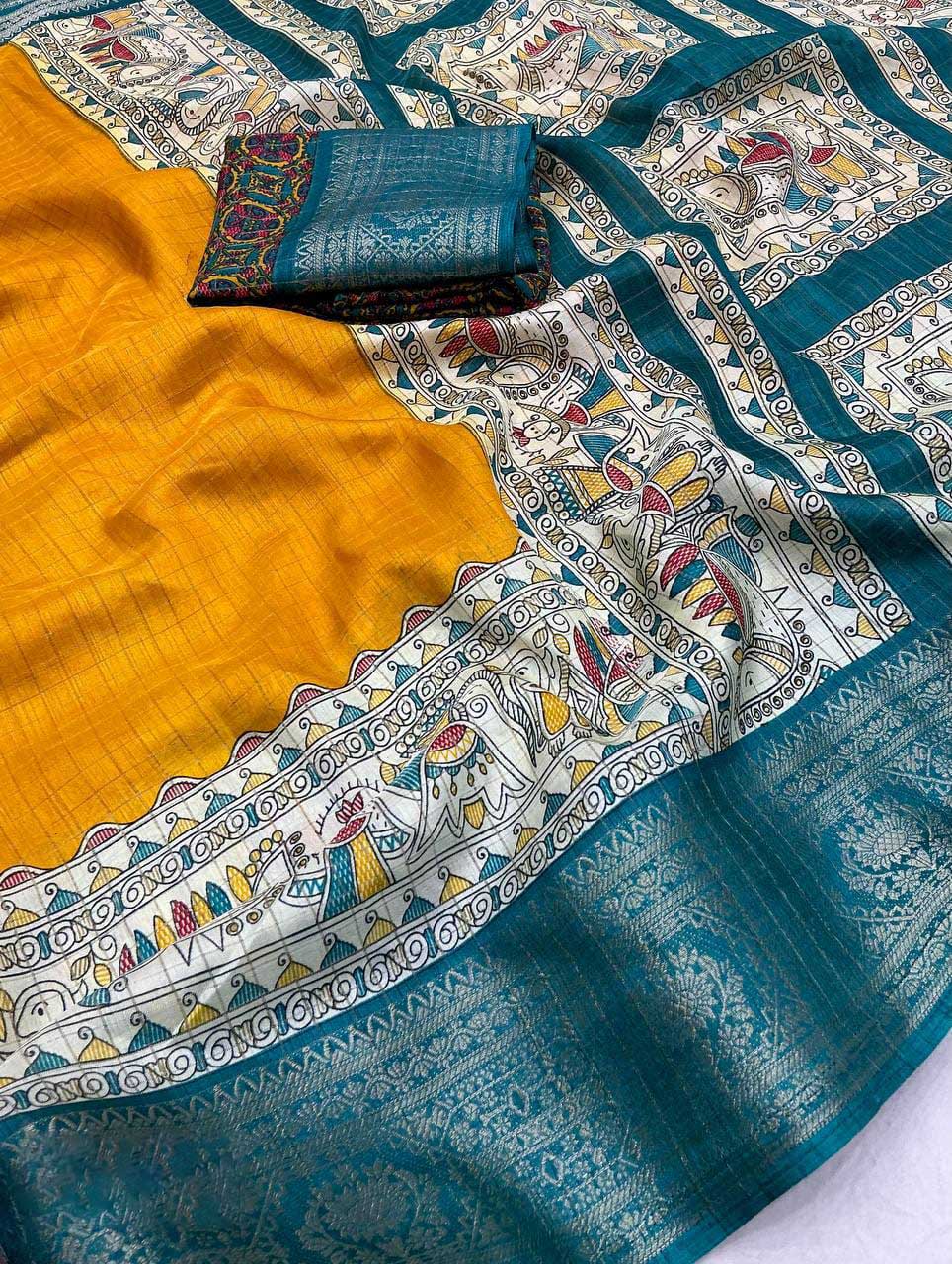 Epiphany Mustard Digital Printed Dola Silk Saree With Marvellous Blouse Piece