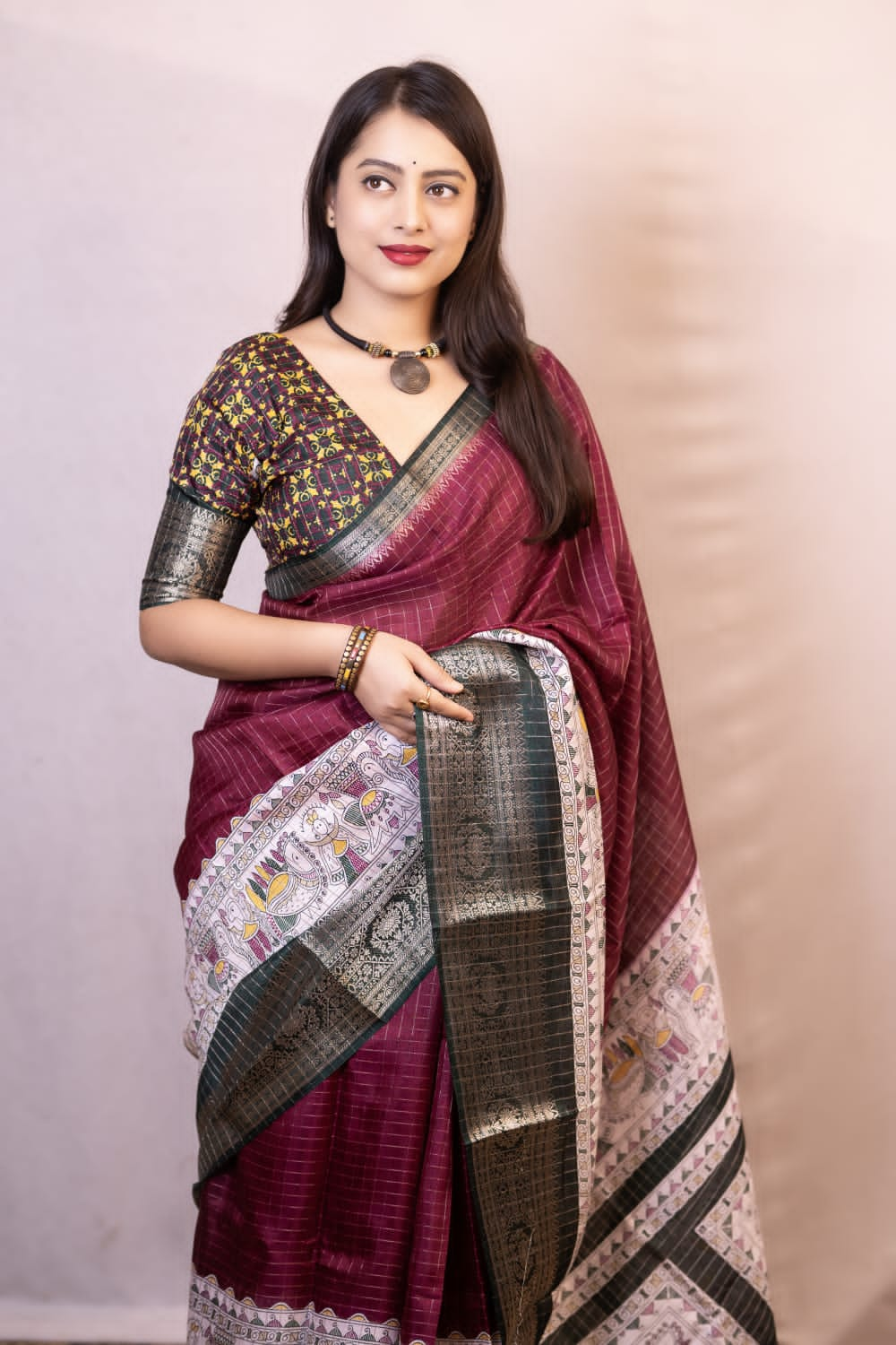 Embrocation Wine Digital Printed Dola Silk Saree With Trendy Blouse Piece