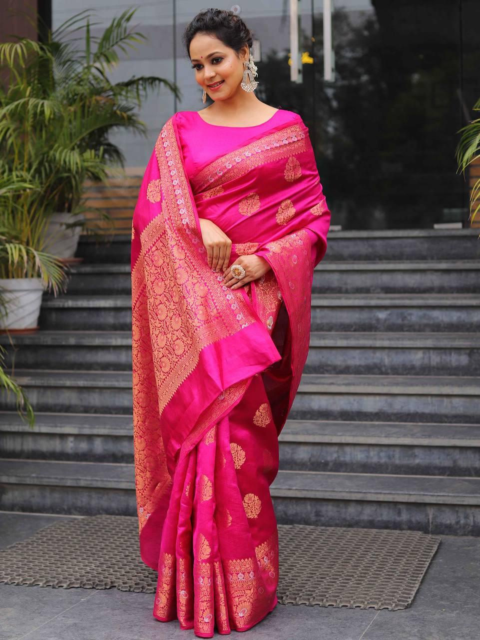 Charming Dark Pink Soft Silk Saree With Gleaming Blouse Piece