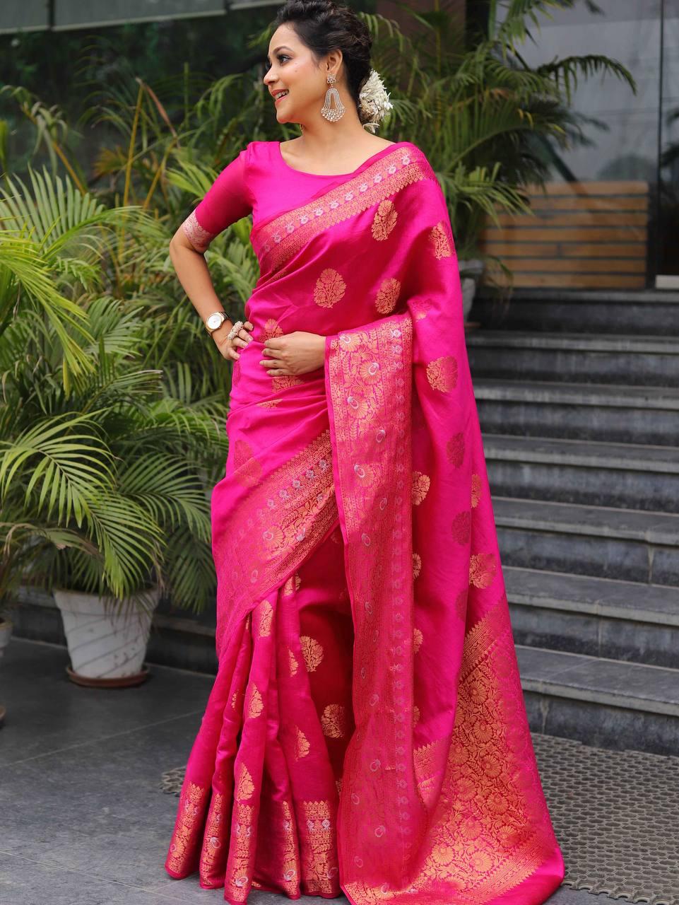 Charming Dark Pink Soft Silk Saree With Gleaming Blouse Piece