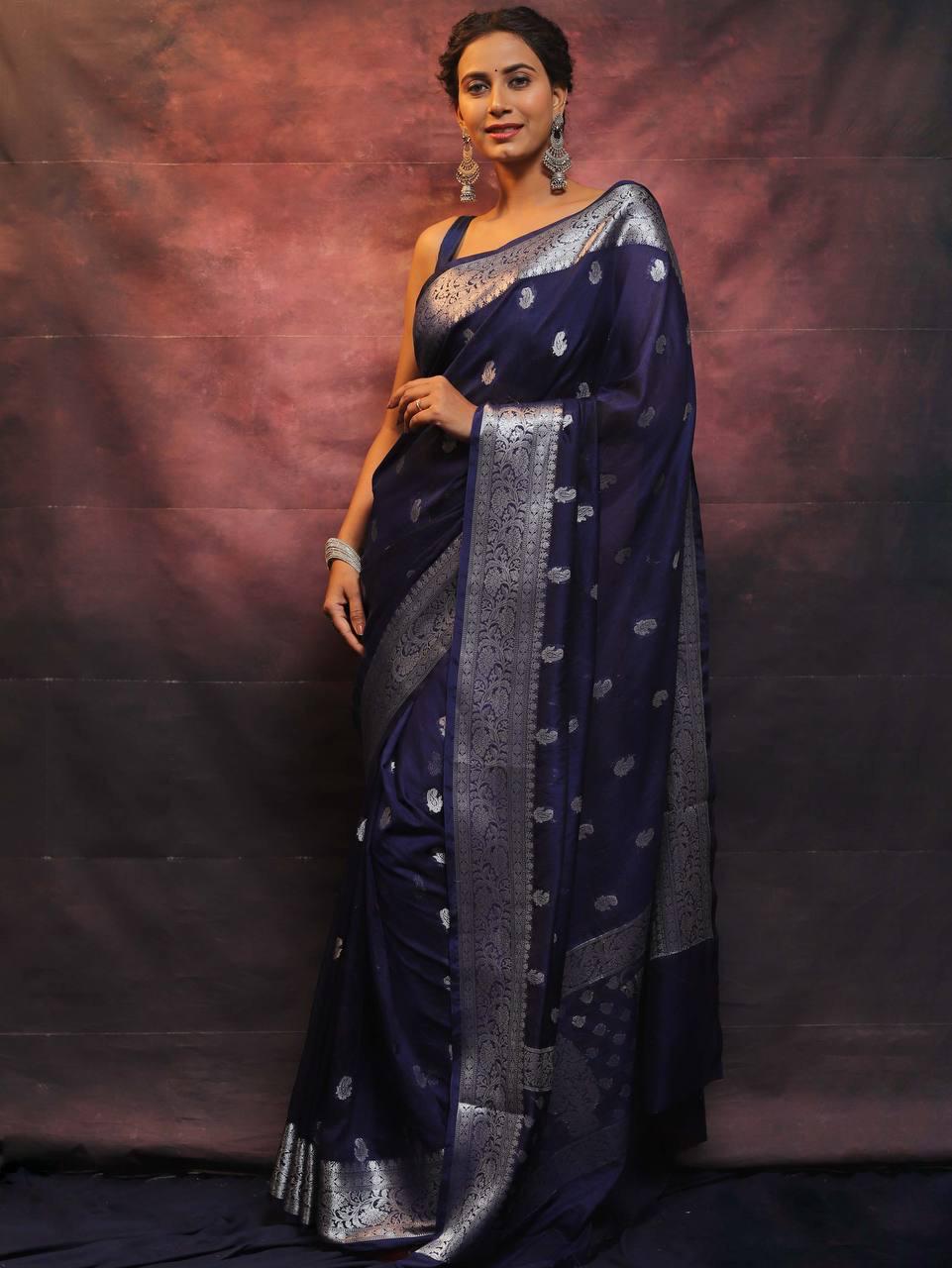 Exemplary Navy Blue Soft Silk Saree With Glittering Blouse Piece