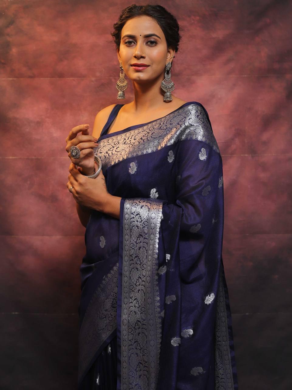 Exemplary Navy Blue Soft Silk Saree With Glittering Blouse Piece