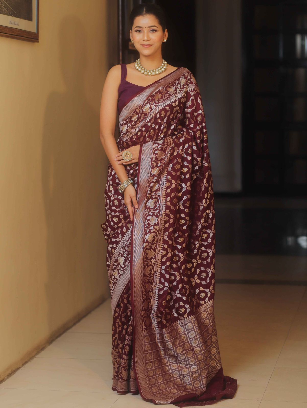 Sonorous Wine Soft Silk Saree With Whimsical Blouse Piece