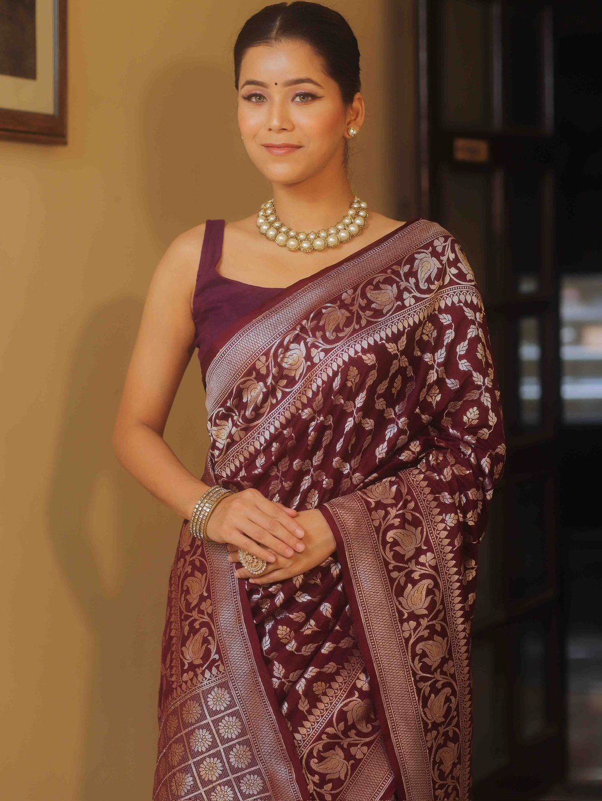 Sonorous Wine Soft Silk Saree With Whimsical Blouse Piece