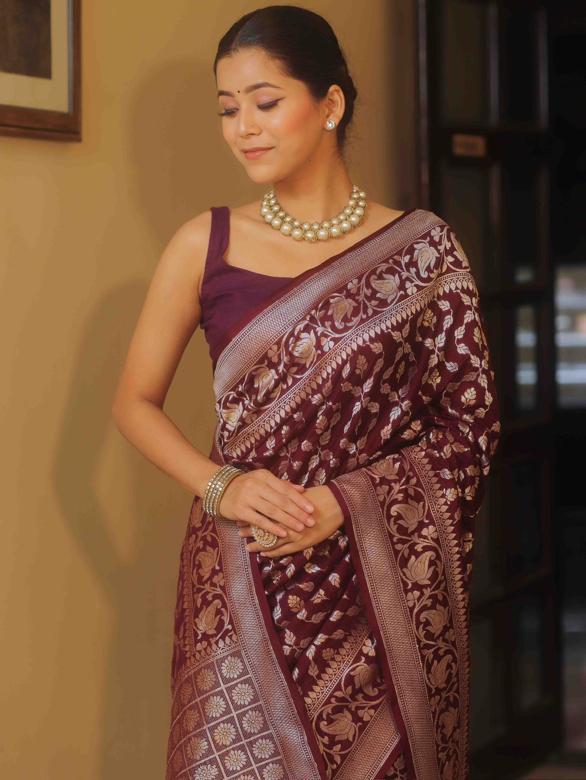 Sonorous Wine Soft Silk Saree With Whimsical Blouse Piece