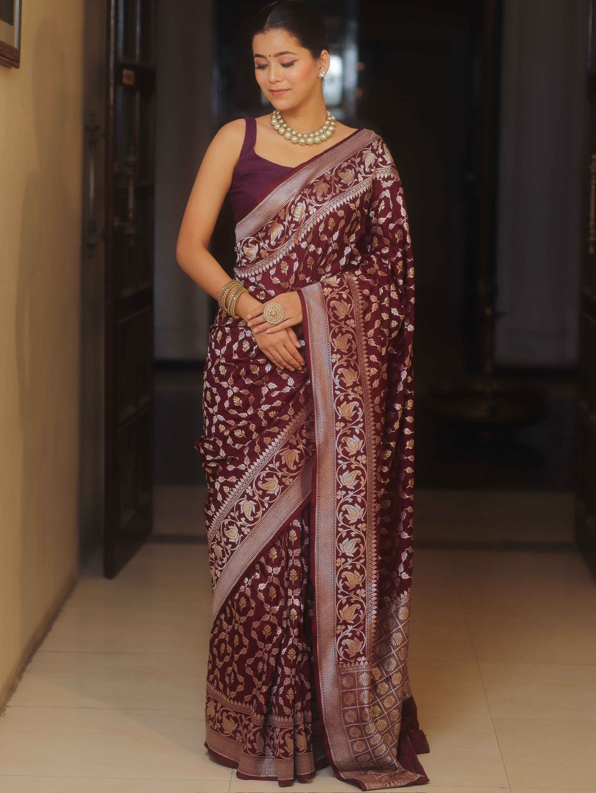 Sonorous Wine Soft Silk Saree With Whimsical Blouse Piece