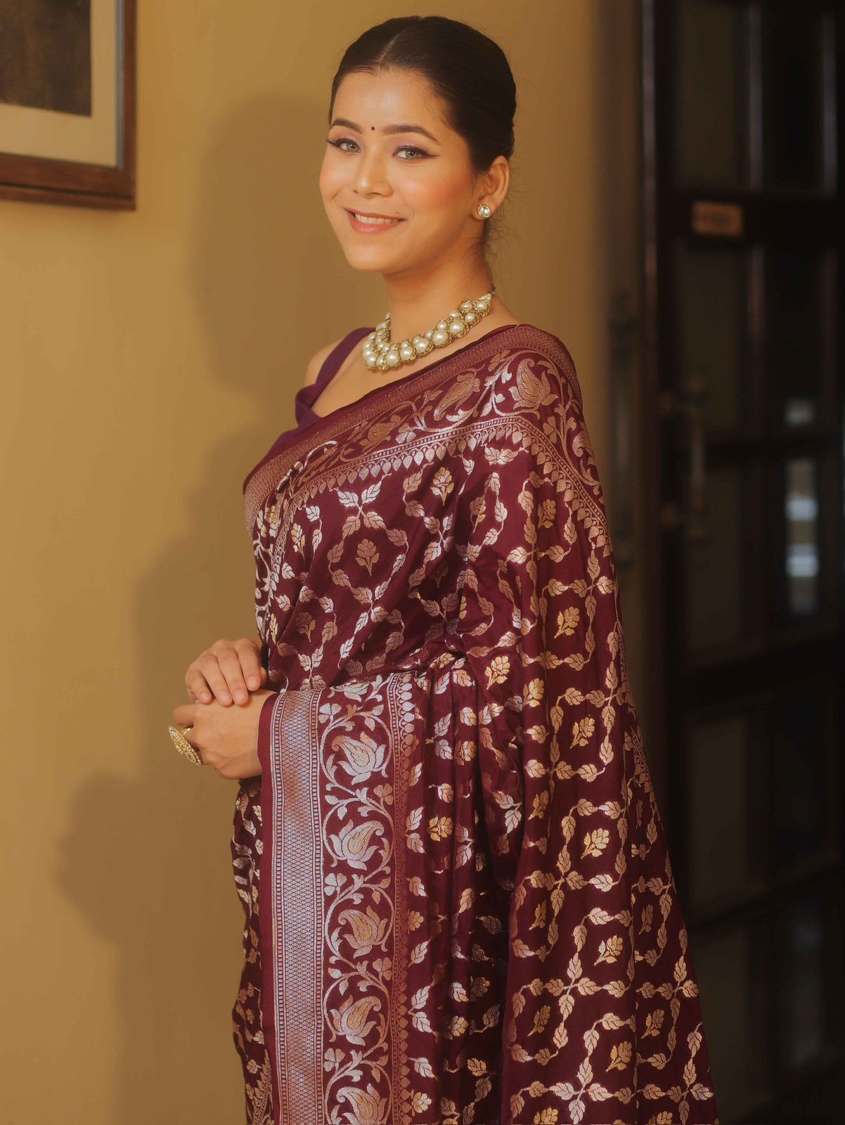 Sonorous Wine Soft Silk Saree With Whimsical Blouse Piece