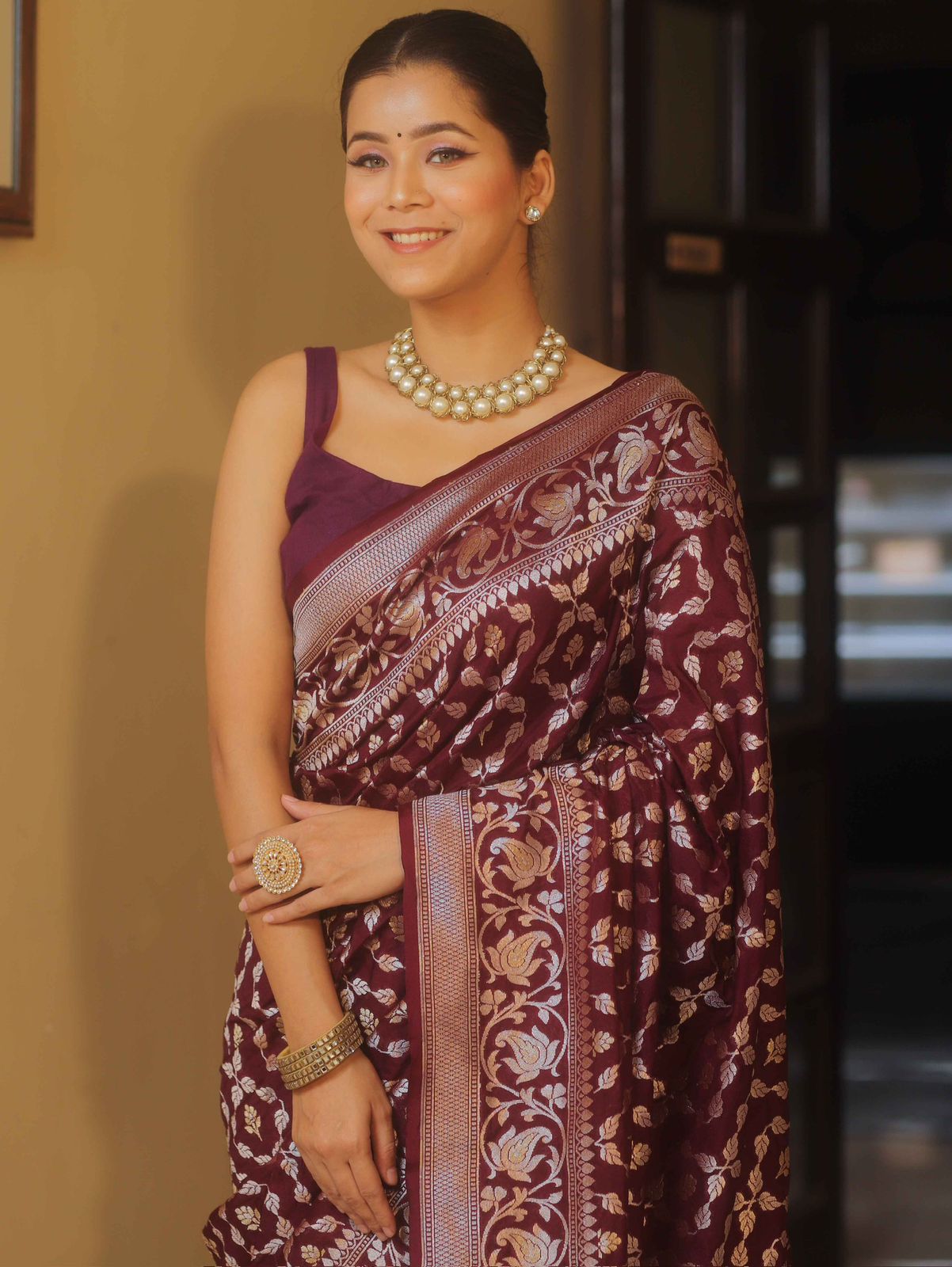 Sonorous Wine Soft Silk Saree With Whimsical Blouse Piece