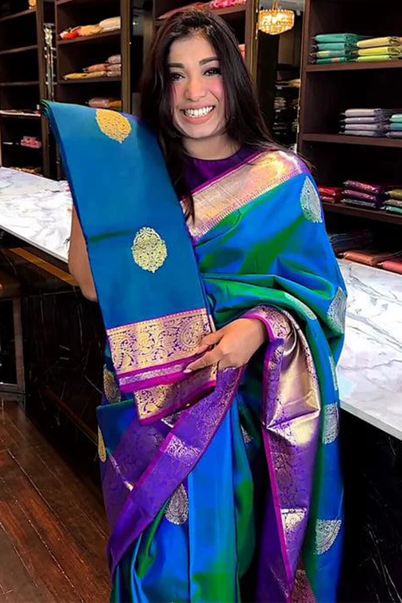 Panache  Blue Soft Silk Saree With Posh Blouse Piece