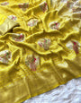 Staggering Yellow Soft Banarasi Silk Saree With Efflorescence Blouse Piece