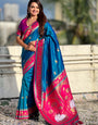 Ailurophile Blue Soft Banarasi Silk Saree With Angelic Blouse Piece