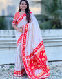 Delightful Off White Soft Banarasi Silk Saree With Alluring Blouse Piece