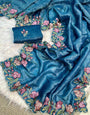 Excellent Blue Embroidery Work Crush Silk Saree With Sensational Blouse Piece