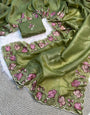 Vibrant Green Embroidery Work Crush Silk Saree With Mellifluous Blouse Piece