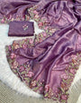Embellished Lavender Embroidery Work Crush Silk Saree With Gorgeous Blouse Piece