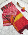 Demure Pink Ikkat Printed Patola Silk Saree With Blissful Blouse Piece