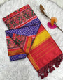 Woebegone Royal Blue Ikkat Printed Patola Silk Saree With Lustrous Blouse Piece