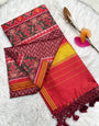 Magnificat Wine Ikkat Printed Patola Silk Saree With Phenomenal Blouse Piece