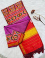 Staggering Purple Ikkat Printed Patola Silk Saree With Efflorescence Blouse Piece