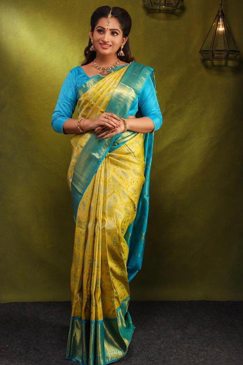 Refreshing Yellow Soft Silk Saree With Trendy Blouse Piece