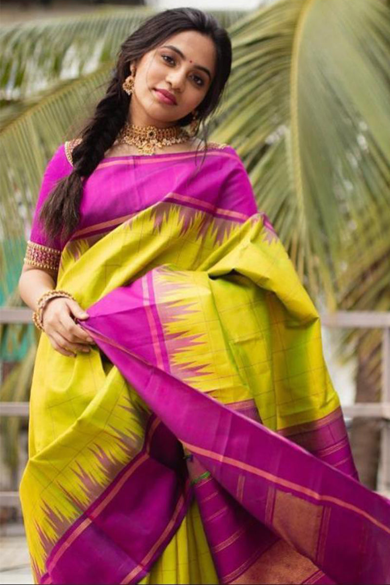 Attractive Mehandi Soft Silk Saree With Nectarous Blouse Piece