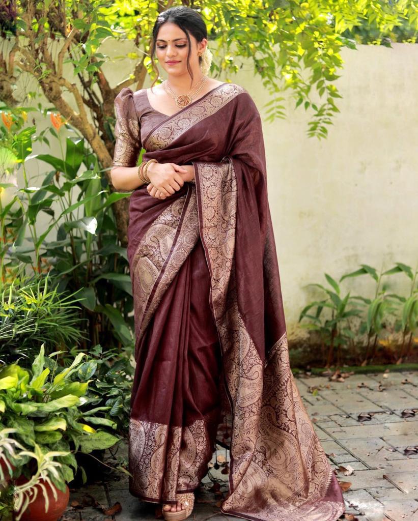 Energetic Brown Soft Silk Saree With Sonorous Blouse Piece