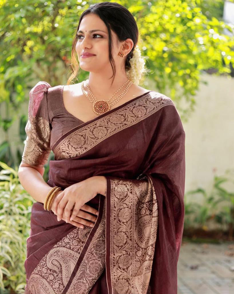 Energetic Brown Soft Silk Saree With Sonorous Blouse Piece