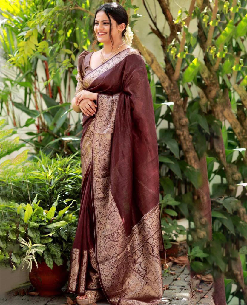 Energetic Brown Soft Silk Saree With Sonorous Blouse Piece