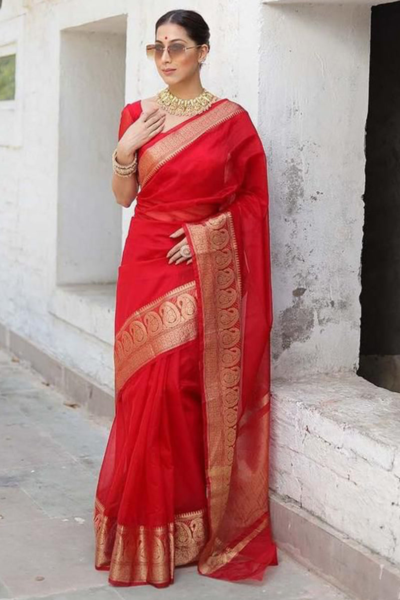 Flattering Red Organza Silk Saree With Tantalizing Blouse Piece