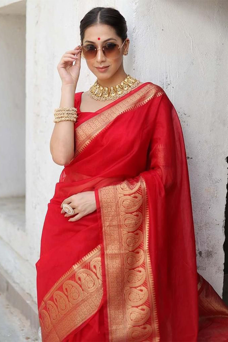 Flattering Red Organza Silk Saree With Tantalizing Blouse Piece