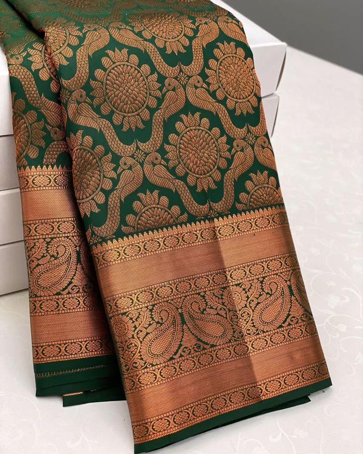 Verdant Dark Green Soft Silk Saree With Alluring Blouse Piece