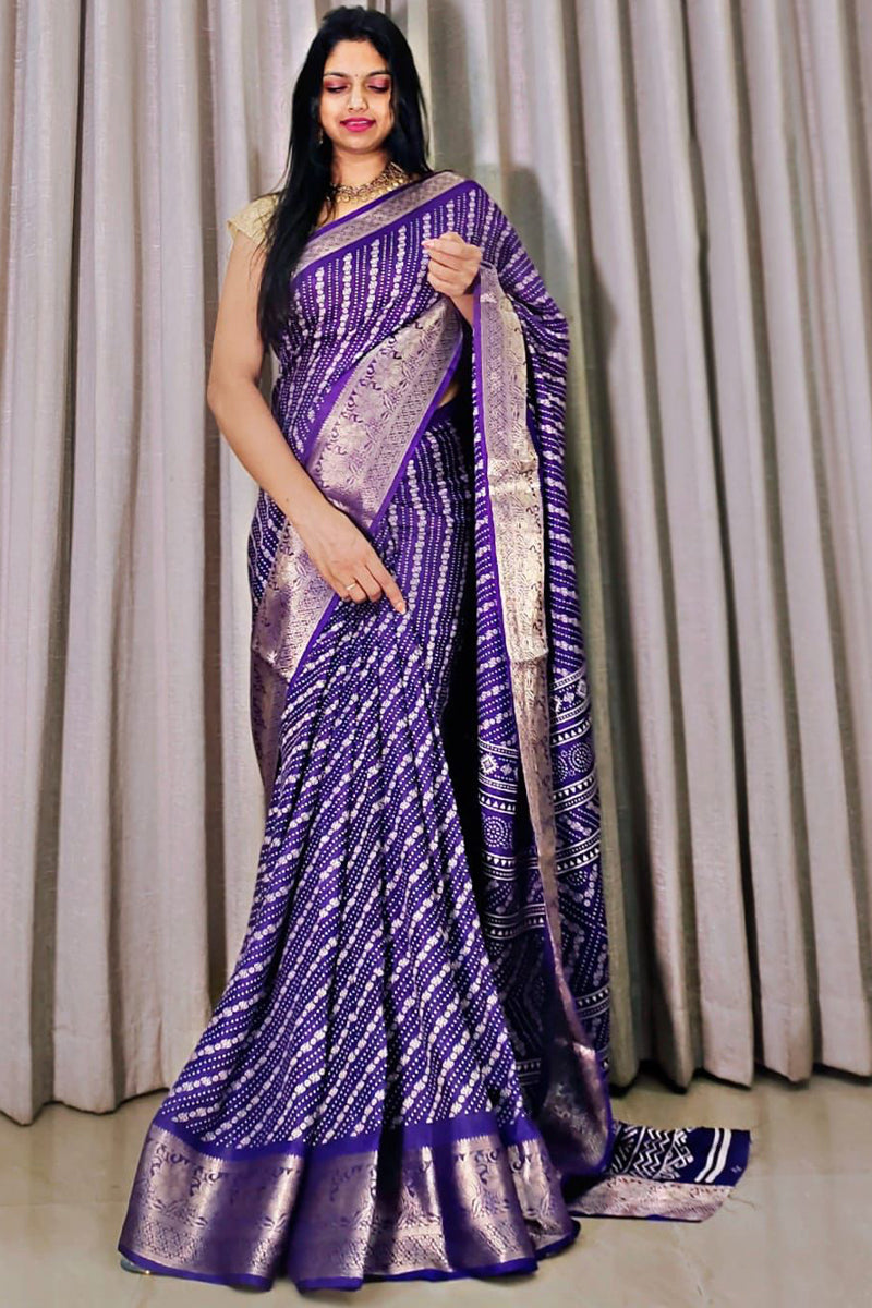 Skinny Royal Blue Digital Printed Dola Silk Saree With Delectable Blouse Piece