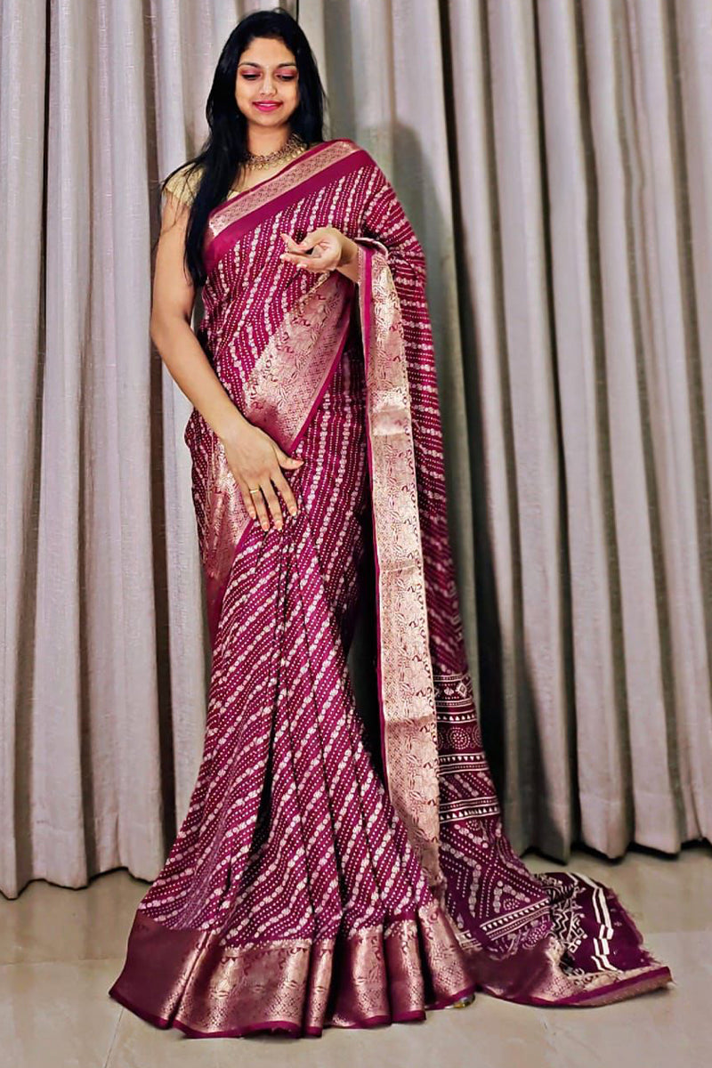 Ravishing Wine Digital Printed Dola Silk Saree With Bucolic Blouse Piece