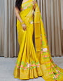 Majestic Yellow Digital Printed Dola Silk Saree With Most Stunning Blouse Piece