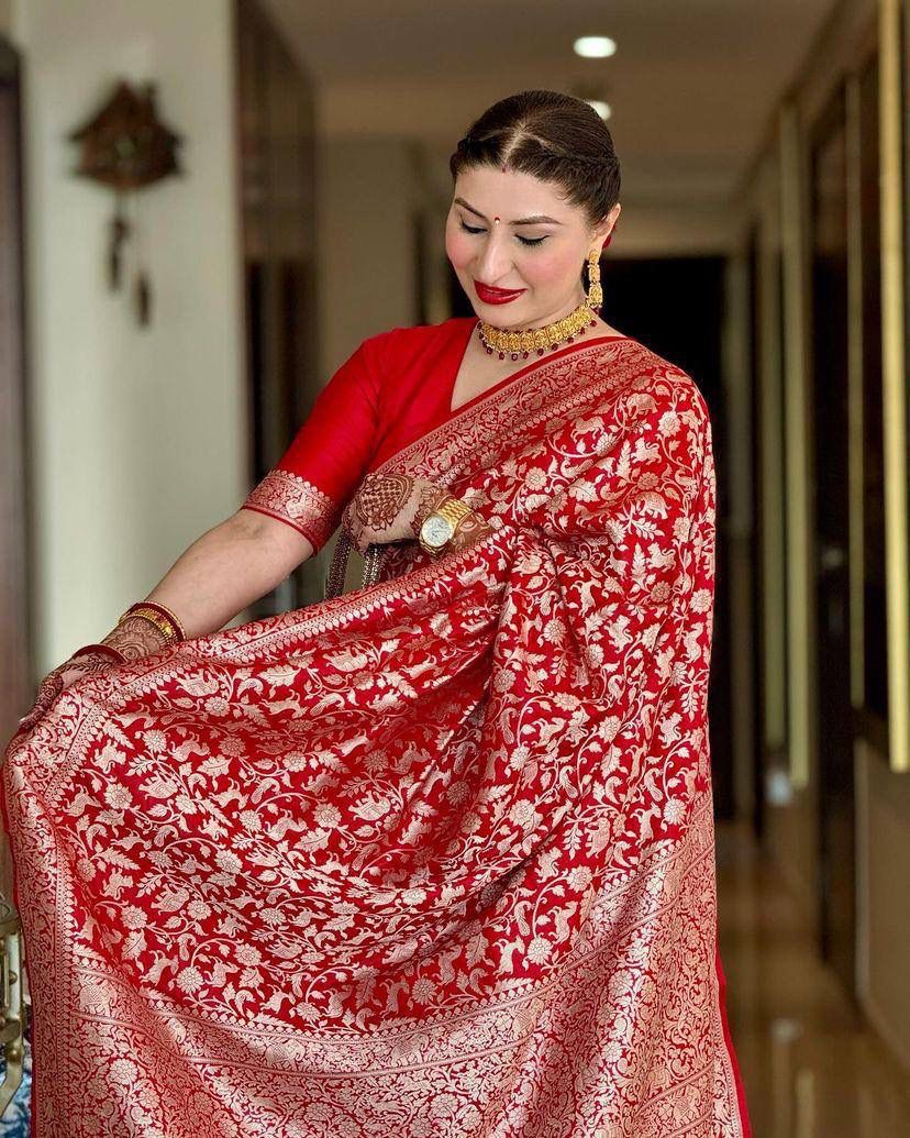 Exquisite Red Soft Silk Saree With Magnificat Blouse Piece