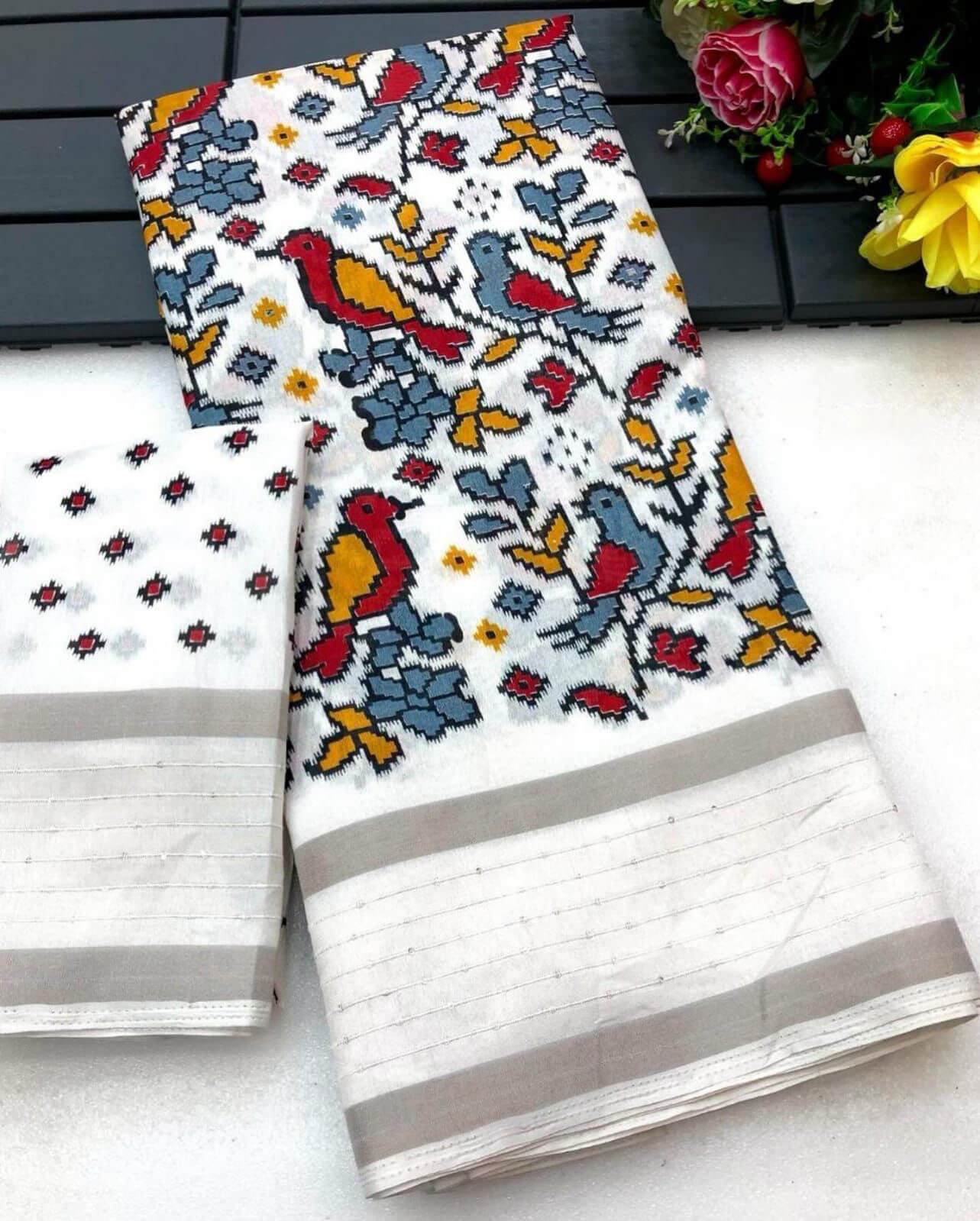 Exquisite White Digital Printed Dola Silk Saree With Prettiest Blouse Piece