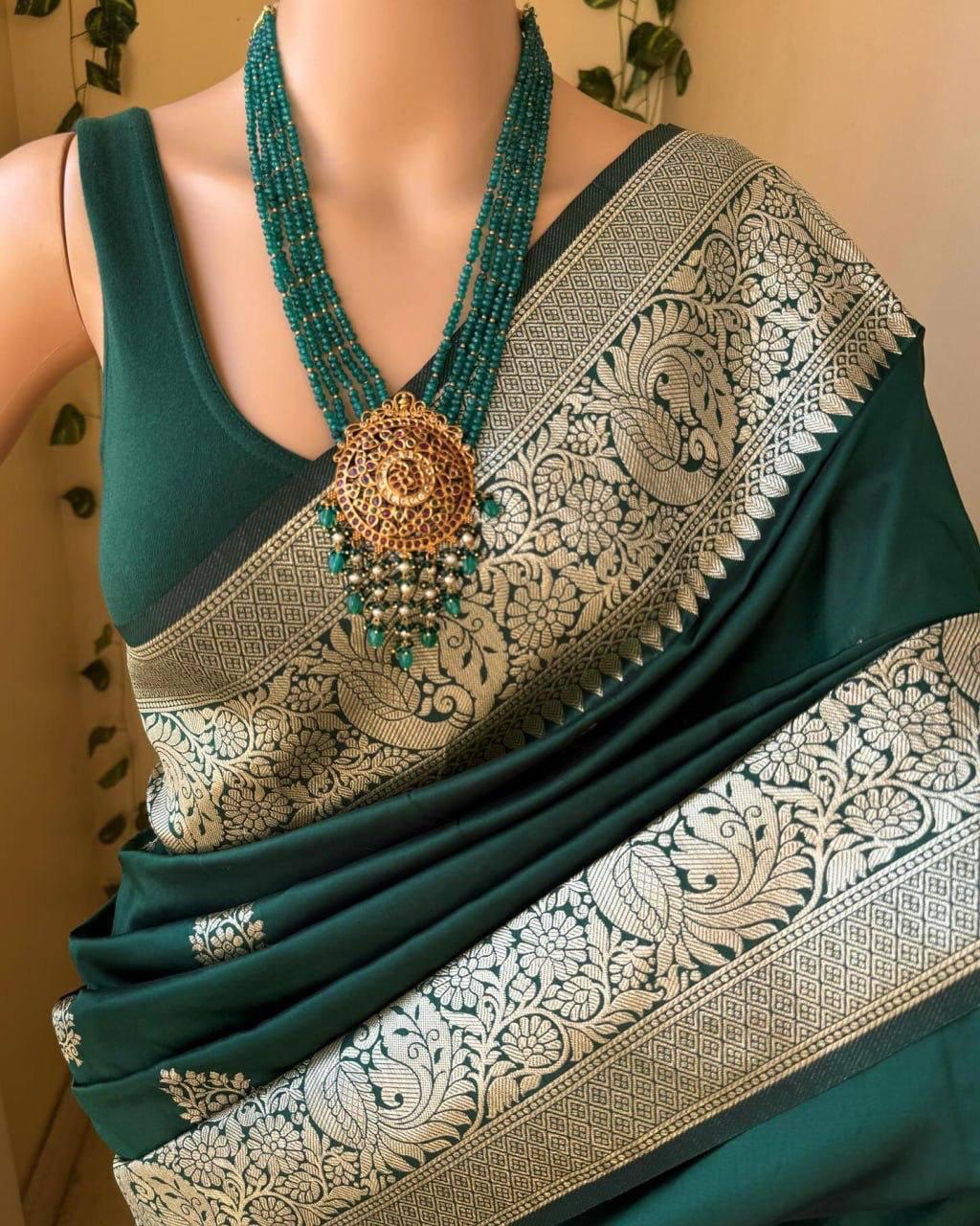 Tantalizing Dark Green Soft Silk Saree With Gleaming Blouse Piece