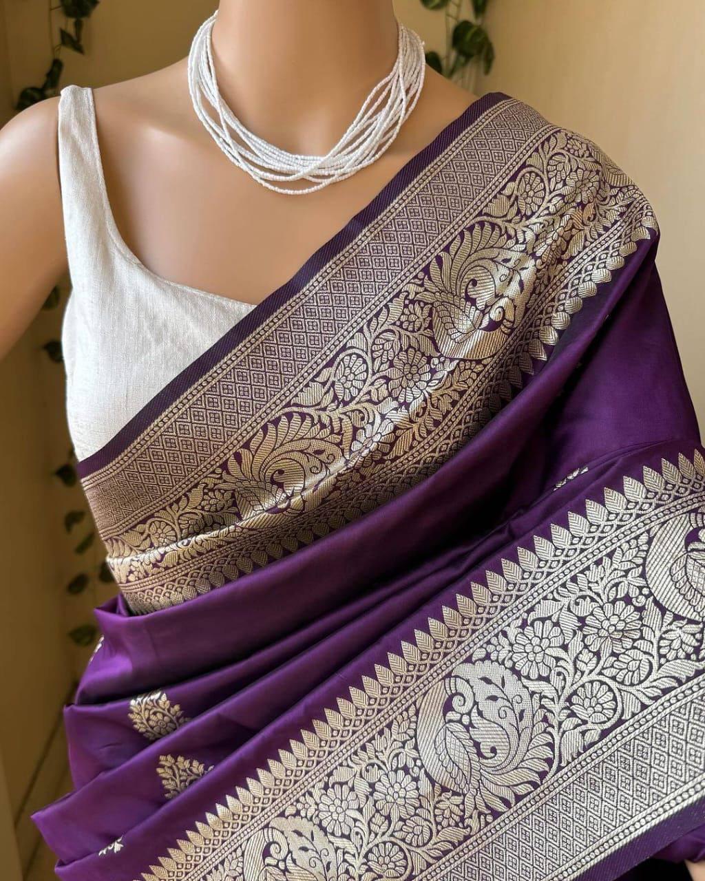 Deserving Purple Soft Silk Saree With Gorgeous Blouse Piece