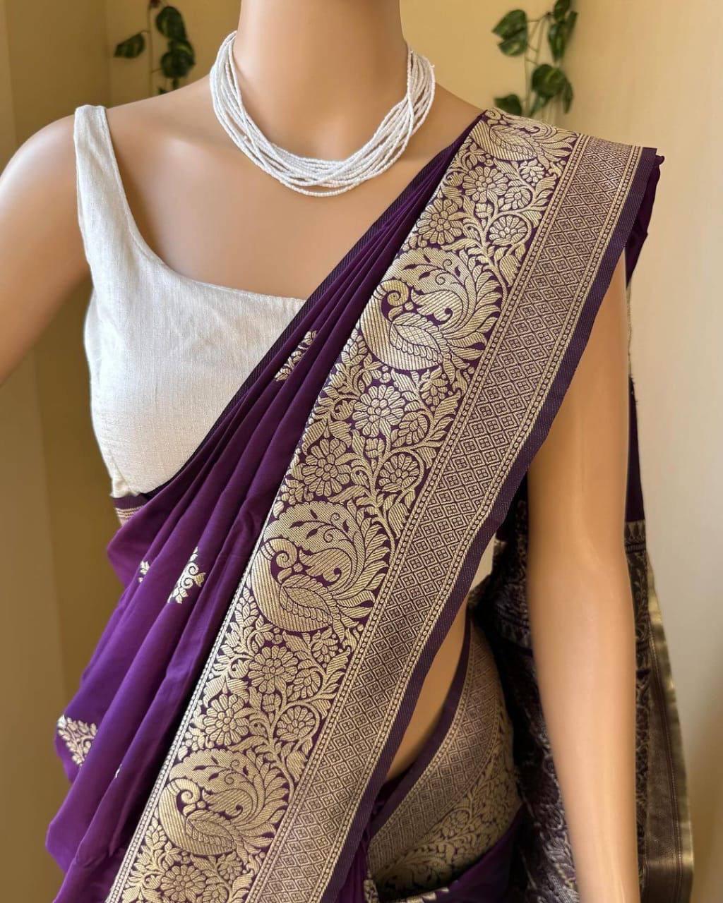 Deserving Purple Soft Silk Saree With Gorgeous Blouse Piece