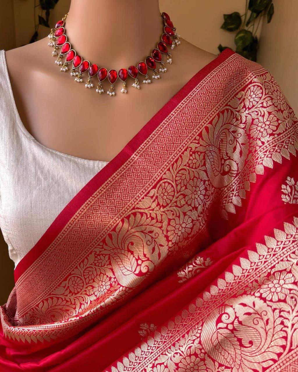 Charming Red Soft Silk Saree With Sizzling Blouse Piece