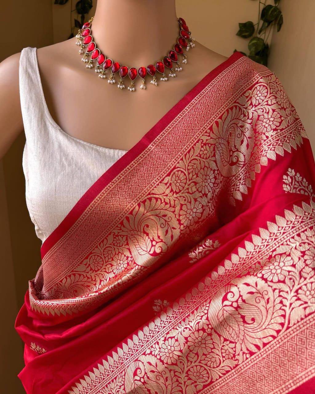 Charming Red Soft Silk Saree With Sizzling Blouse Piece