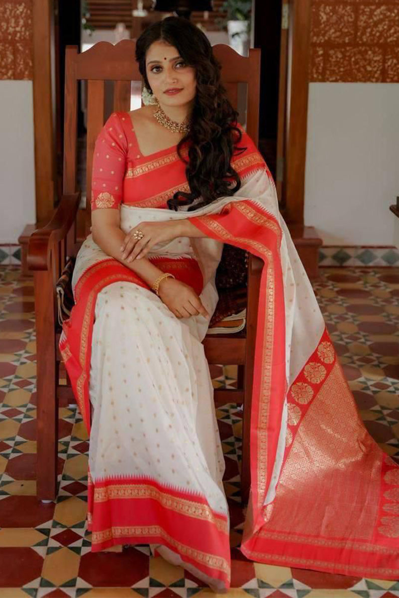 Confounding Off White Soft Silk Saree With Exuberant Blouse Piece