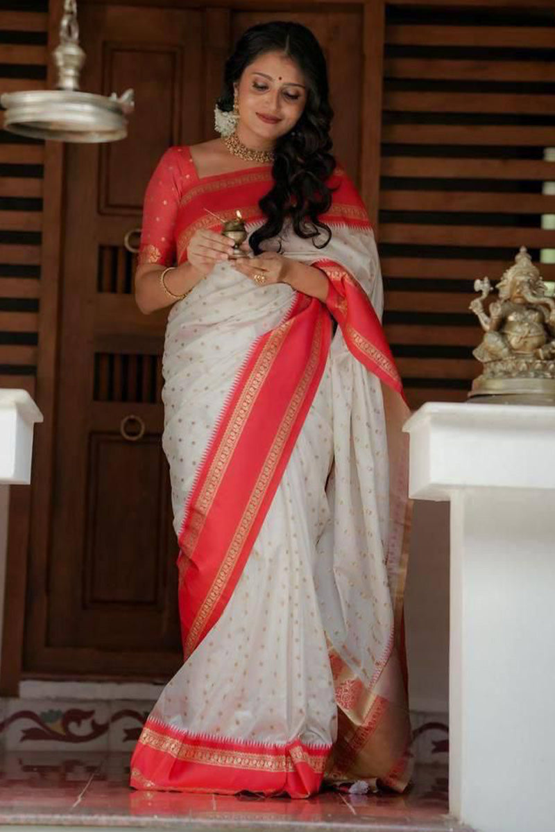 Confounding Off White Soft Silk Saree With Exuberant Blouse Piece