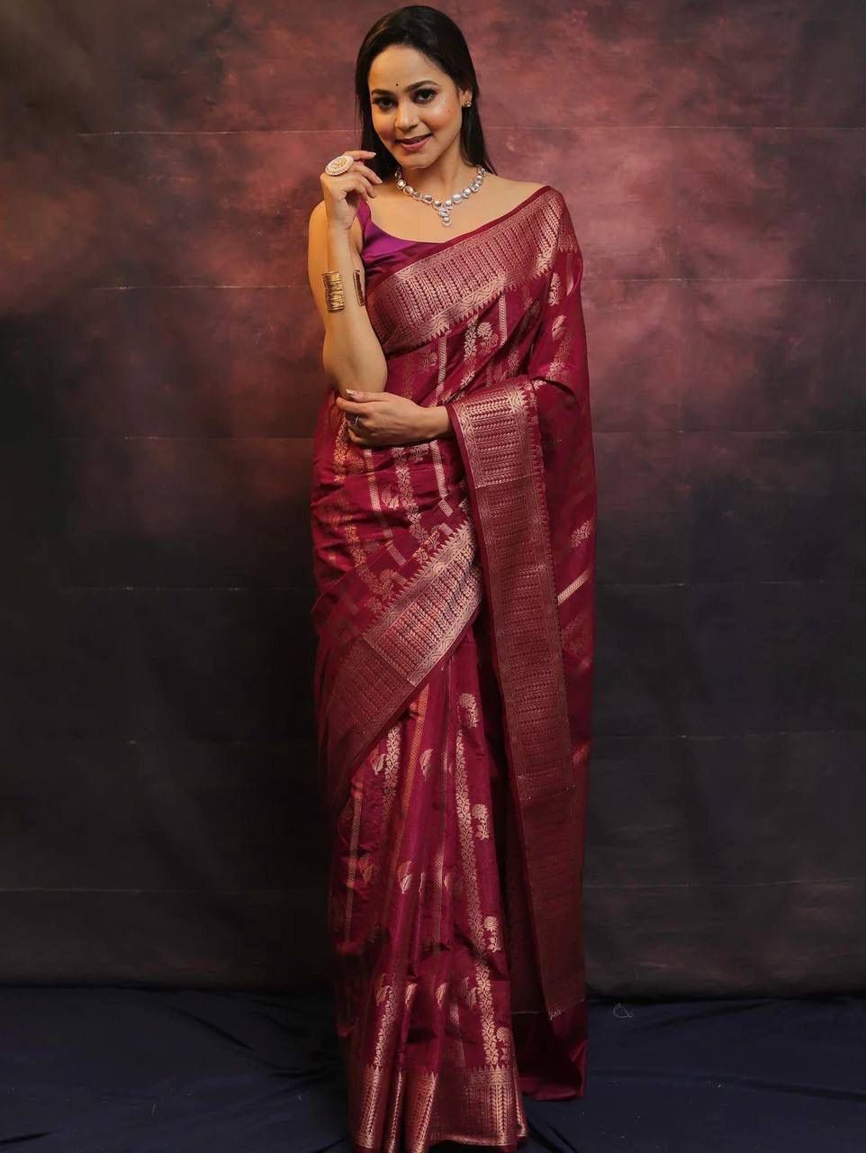 Smashing Wine Soft Silk Saree With Sempiternal Blouse Piece