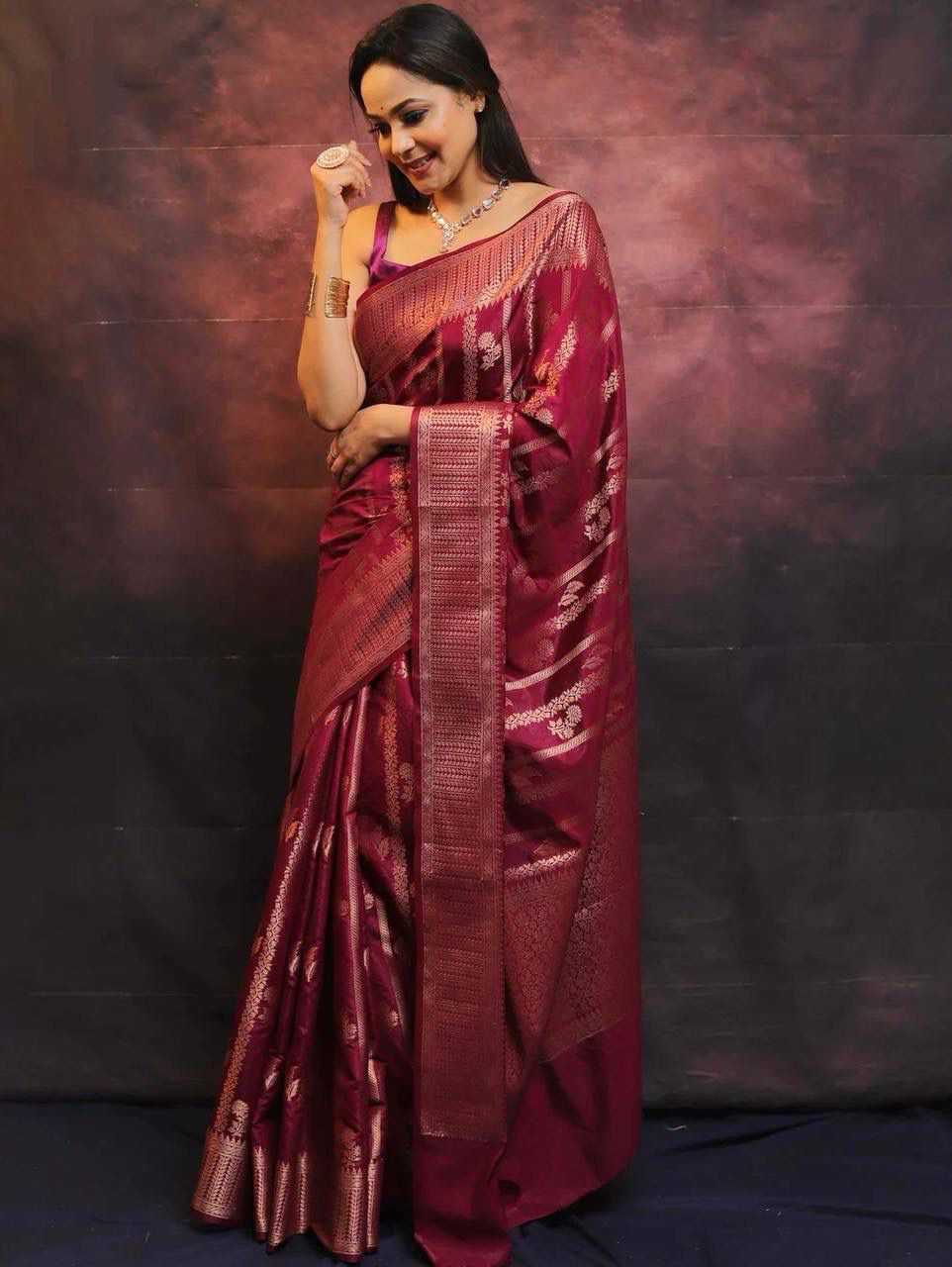 Smashing Wine Soft Silk Saree With Sempiternal Blouse Piece