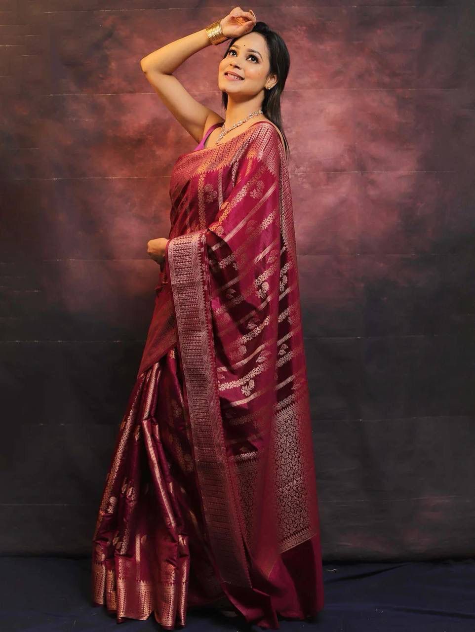 Smashing Wine Soft Silk Saree With Sempiternal Blouse Piece